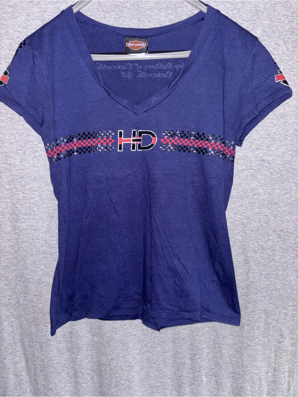 Harley-Davidson Women's Navy V-Neck HD Graphic Tee with Red Accent